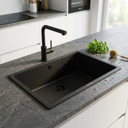 Zwart grote spoelbak 70x40cm onderbouw en opbouw met automatische zwarte plug 1208971862